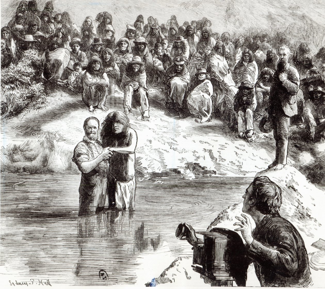 Een doop van Noord-Amerikaanse Indianen - Mormonen die zich voordoen als apostelen van Christus, 1892 door Sydney Prior Hall