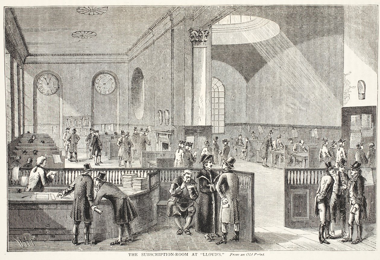 De Abonnementsruimte bij Lloyds, naar een oude prent door Pugin and Rowlandson