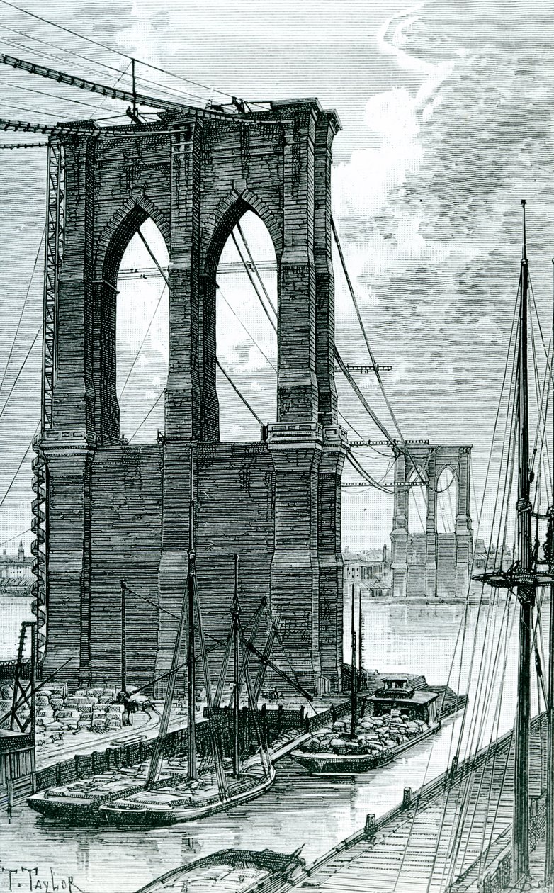 Brooklyn Bridge in aanbouw, getekend naar een foto, 1878 door T. Taylor