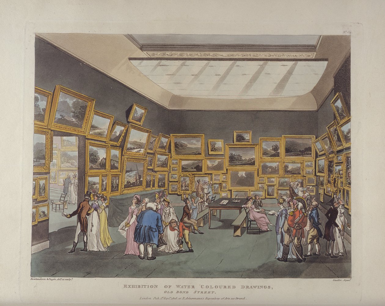 Tentoonstelling van Waterverfschilderijen, Old Bond Street, plaat 34, uit Ackermanns Microcosm of London, of, London in Miniature, uitgegeven door Rudolph Ackermann (1764-1834) gegraveerd door Joseph Constantin door T. and Pugin Rowlandson