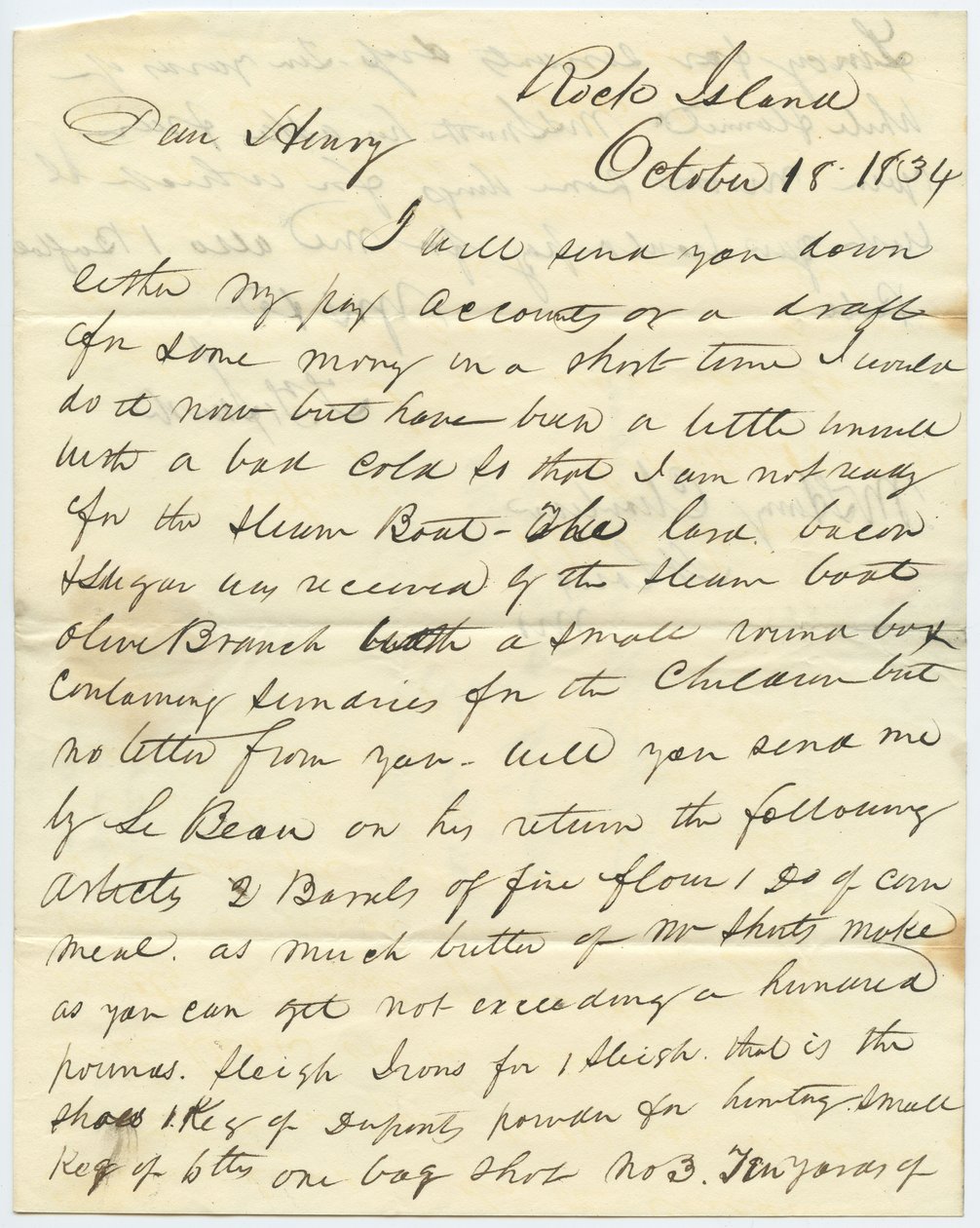 Brief ondertekend T.F. Smith, Rock Island, aan Henry Chouteau, St. Louis, Mo., 18 oktober 1834 door T.F. Smith