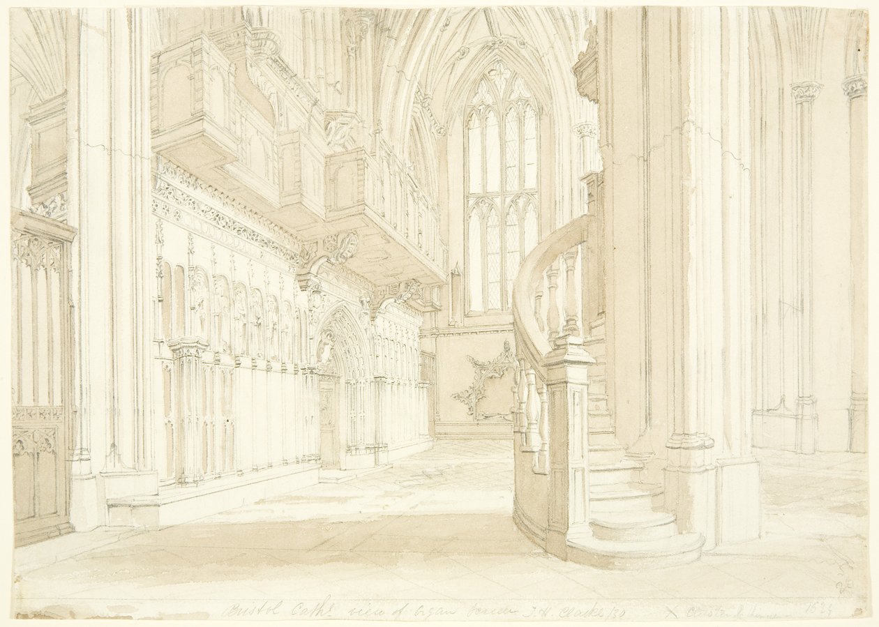 Uitzicht op het orgelscreen van de kathedraal van Bristol door T.H. Clarke