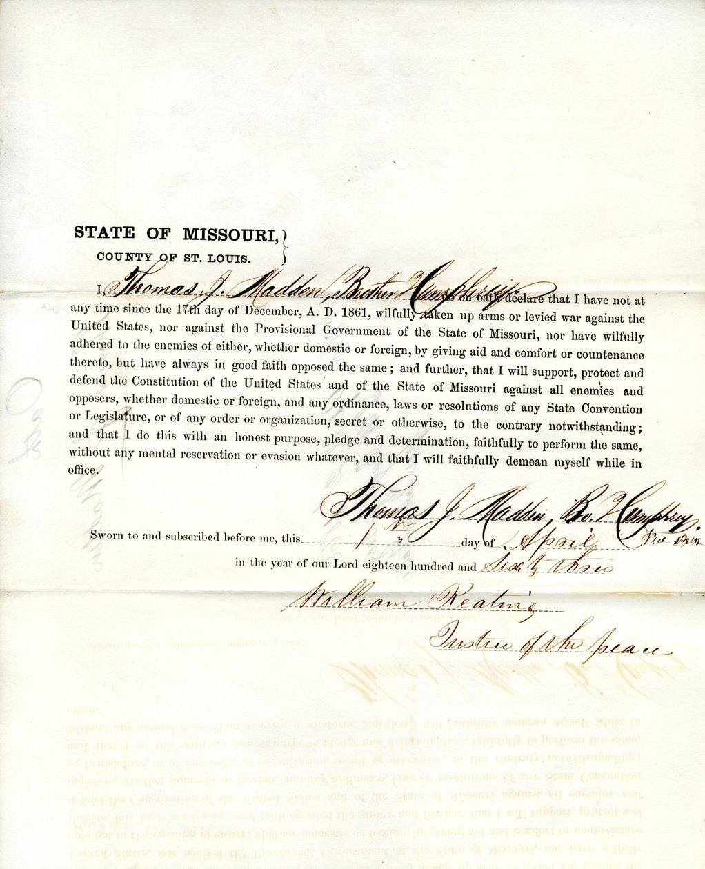 Loyaliteitseed van Thomas J. Madden uit Missouri, County of St. Louis door T.J. Madden
