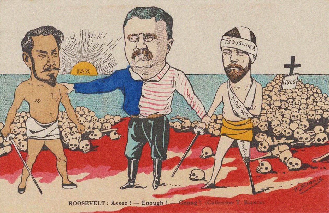 Roosevelt: Assez! - Genoeg! - Genug! Een karikatuur over het Verdrag van Portsmouth, 1905 door T. Bianco