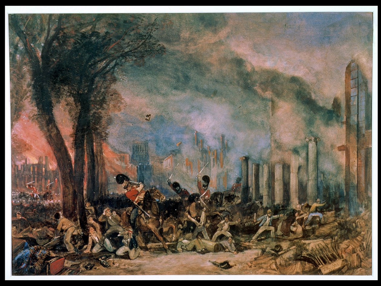 Aanval van de 3e Dragoon Guards in Queen Square, Bristol, maandag 31 oktober 1831 door T. L. and Muller William J. Rowbotham