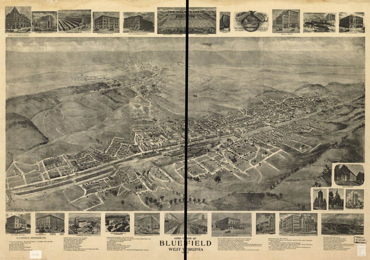 Luchtfoto van Bluefield, West Virginia 1911 door T. M. Fowler