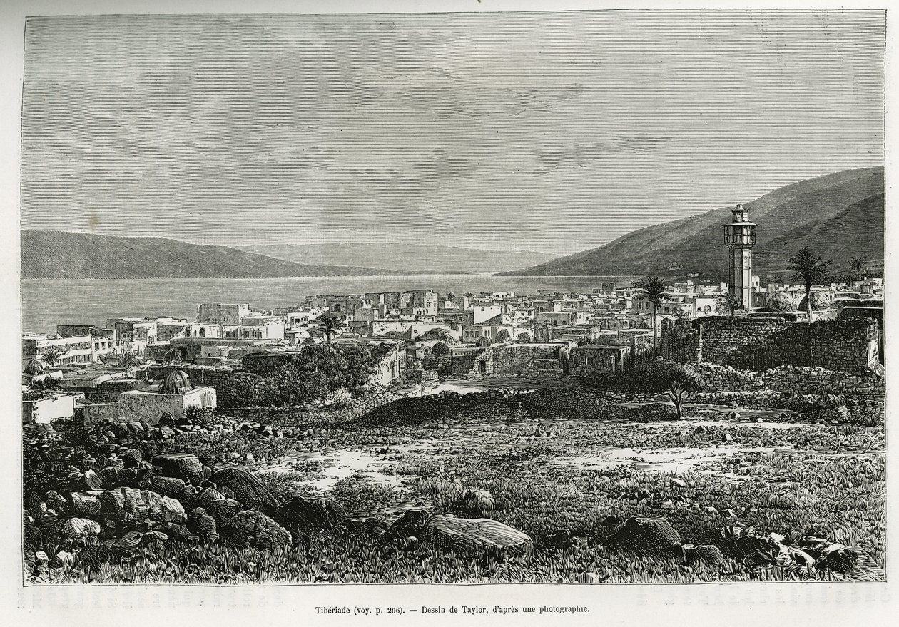 Algemeen uitzicht op Tiberiade (Israël). Gravure ter illustratie van het verhaal van het huidige Syrië door M. Lortet, decaan van de Faculteit Geneeskunde van Lyon, gepubliceerd in de Tour du monde door T Taylor