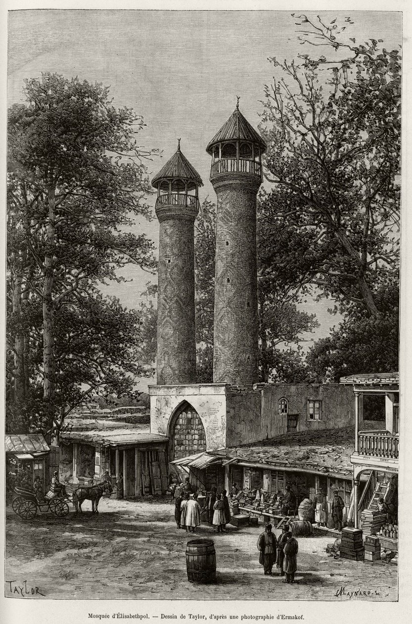 De moskee van Elisabethpol (of Gandja, of Kirovabad, Azerbeidzjan). Gravure door Taylor, ter illustratie van het verhaal 