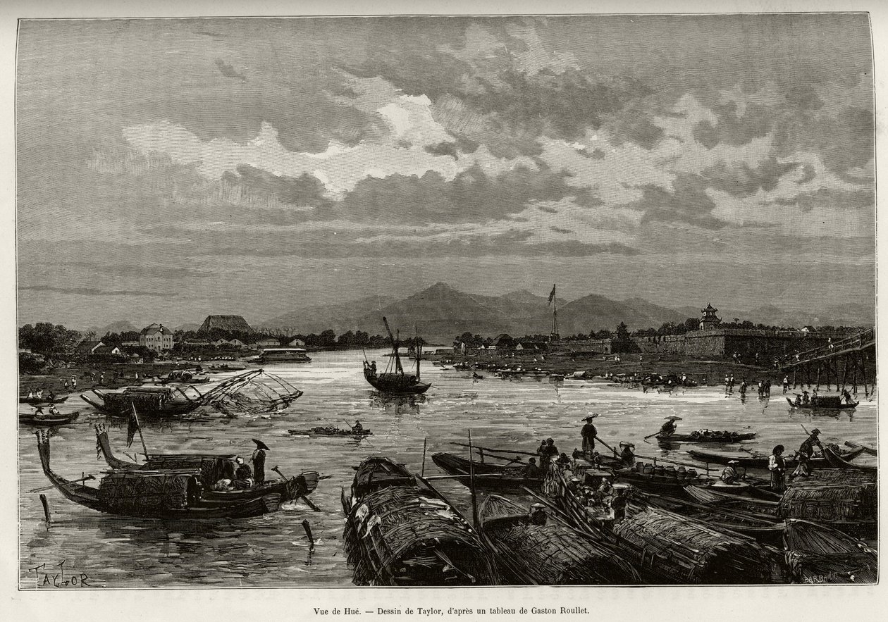 Uitzicht op Hue (Vietnam), met beschrijving van de navigatie op de Song Huong-rivier en de Thien Mu-pagode, achter de ommuring. Gravure door Taylor, ter illustratie van het verhaal 
