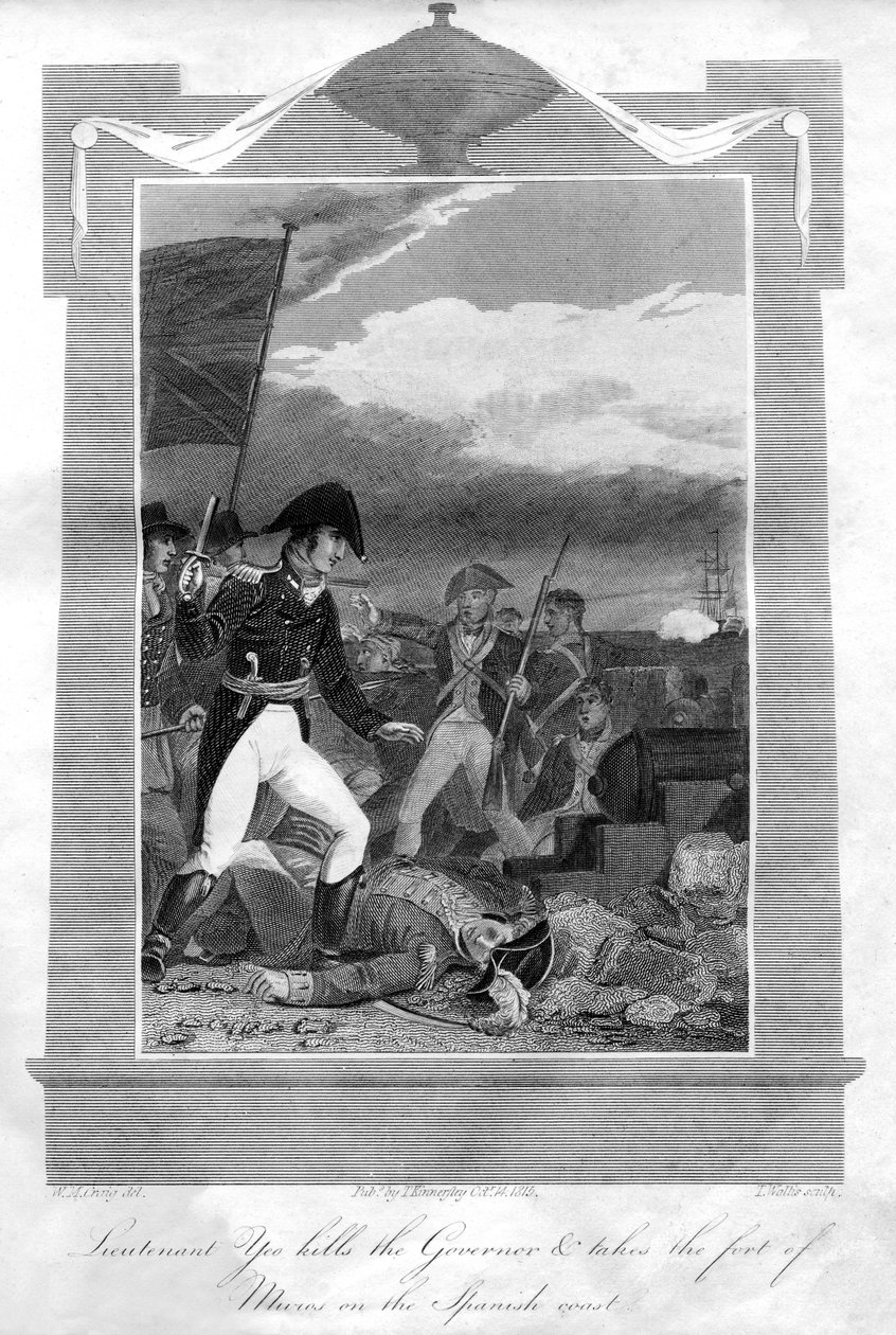 Luitenant Yeo doodt de gouverneur en neemt het fort van Muros aan de Spaanse kust in door T. Wallis
