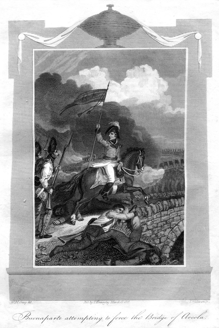 Napoleon Bonaparte probeert de brug van Arcola te forceren, 1816 door T. Wallis