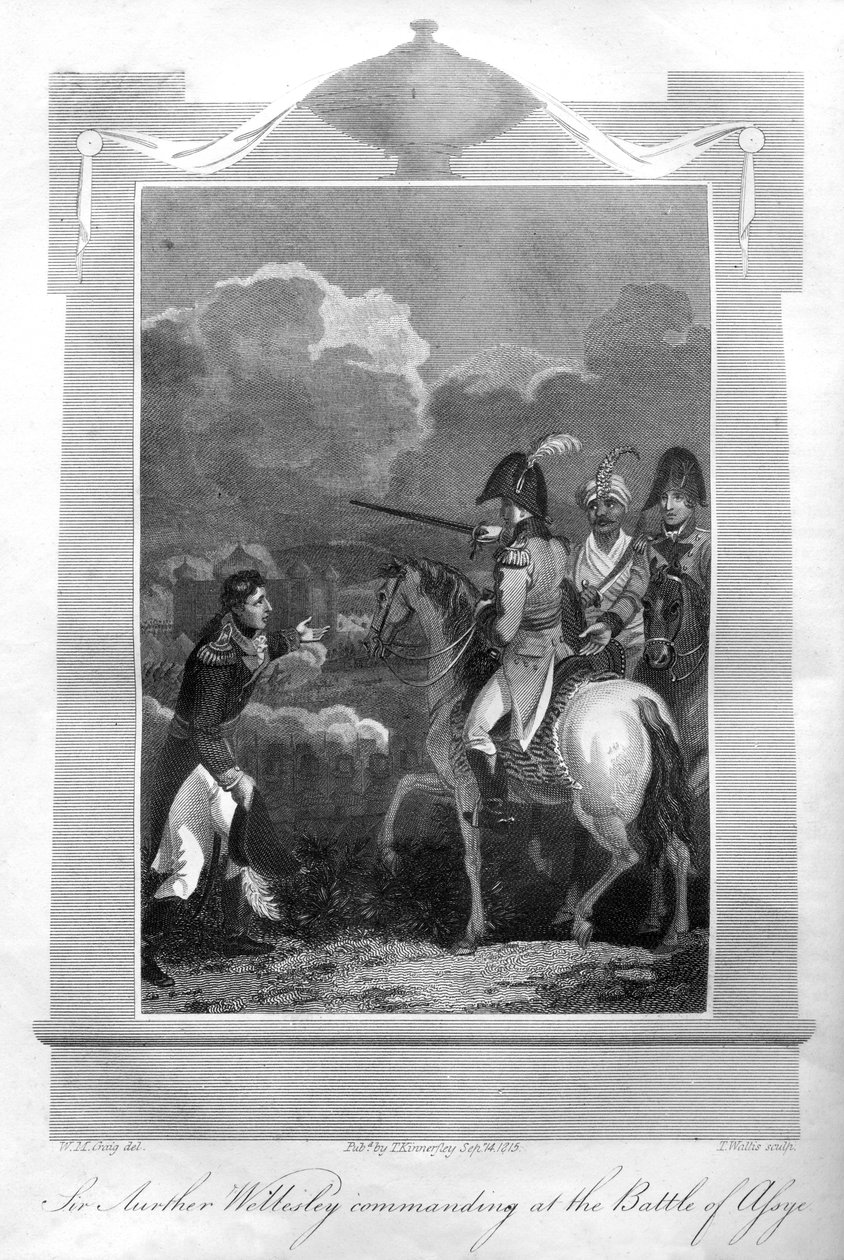 De hertog van Wellington die het bevel voert in de Slag bij Assaye, 1816 door T. Wallis