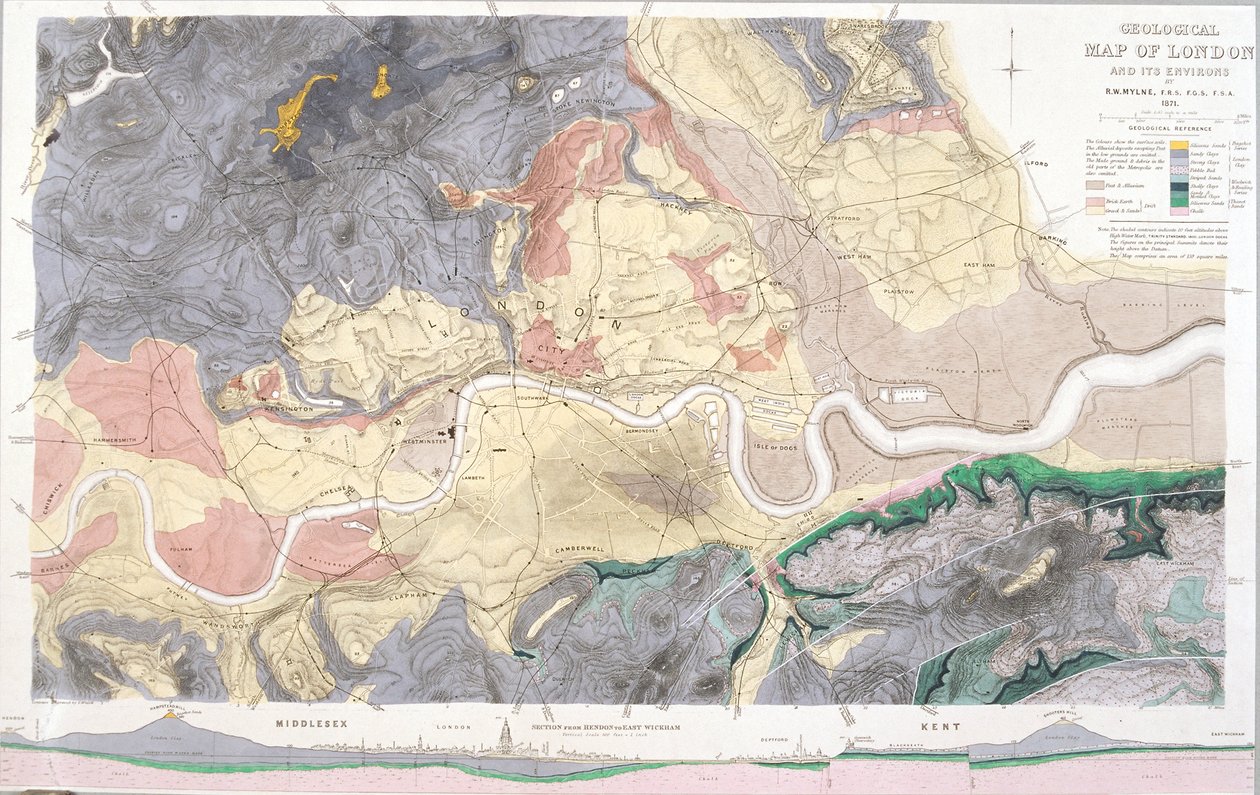 Geologische kaart van Londen en de omliggende omgeving door T Walsh