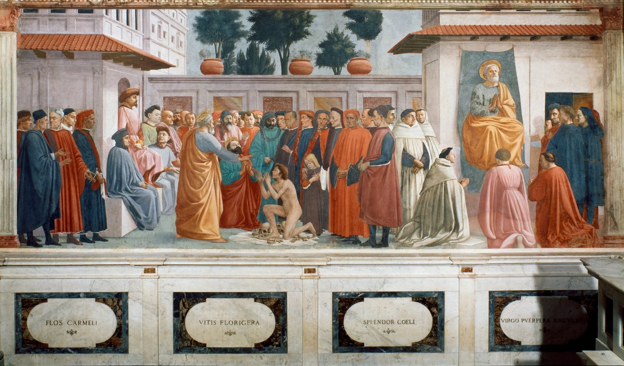 De Opwekking van de Zoon van Theophilus, de Koning van Antiochië, en St. Peter als Eerste Bisschop van Antiochië, c.1427 en c.1480 door T. Masaccio, F. Lippi