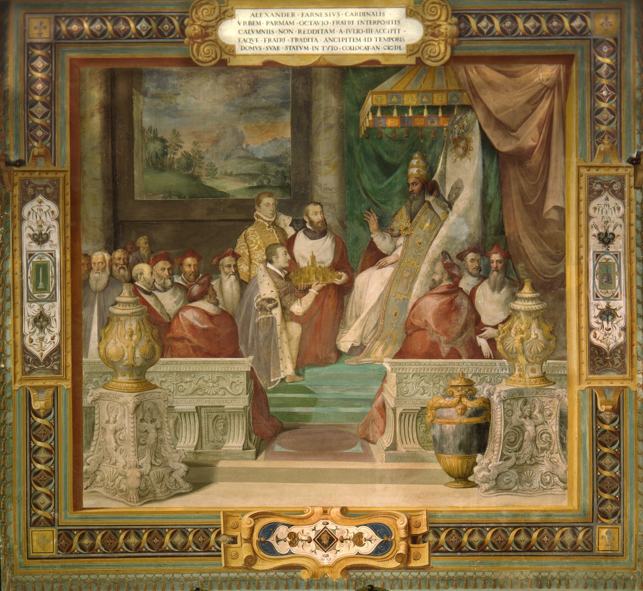Alessandro en Ottavio Farnese presenteren een model van de stad Piacenza aan paus Julius III door Taddeo Zuccari