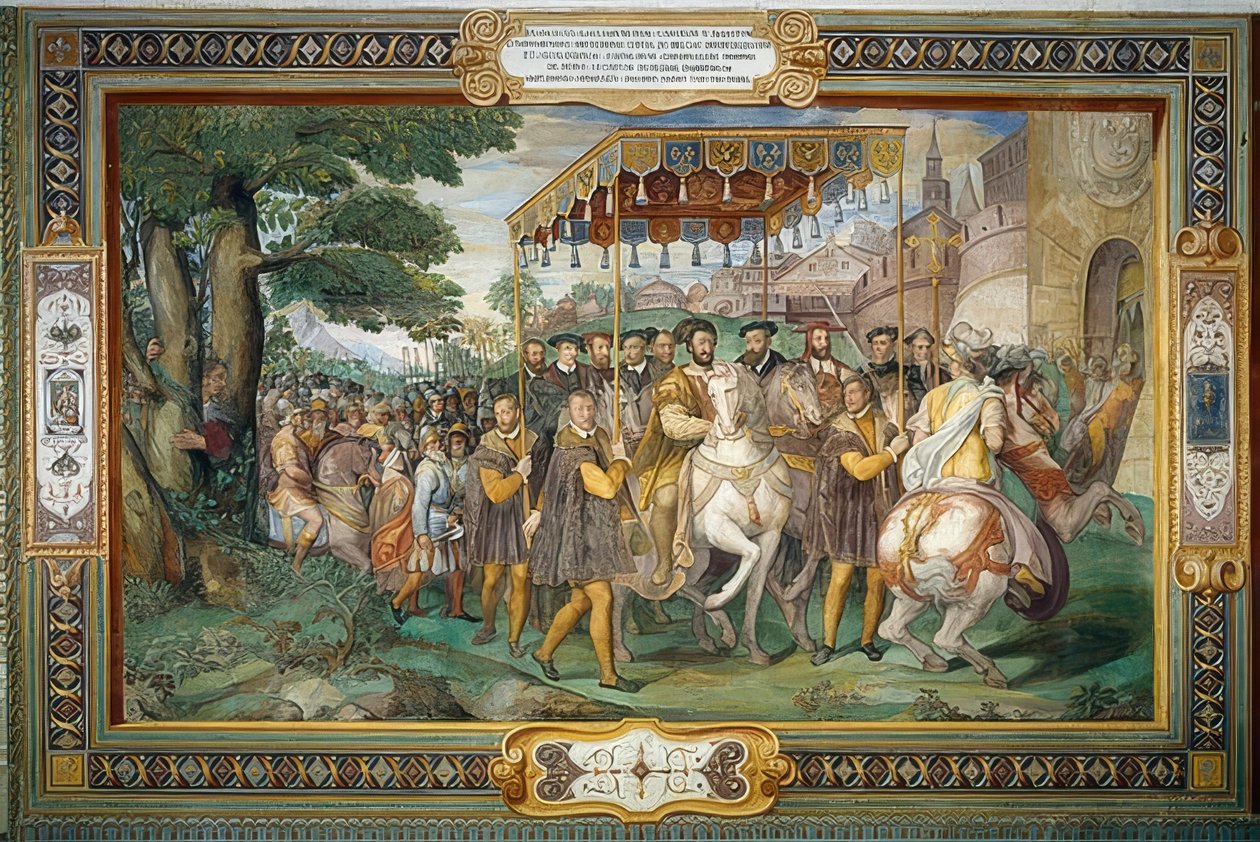 Koning Frans I ontvangt Karel V en kardinaal Alessandro Farnese in Parijs 1540 door Taddeo Zuccari