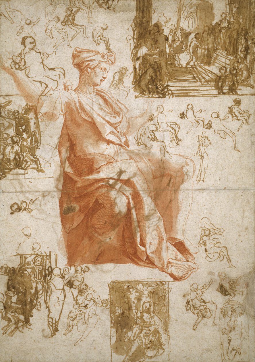 Blad met studies voor de verblinding van Elymas, offer in Lystra, en een Heilige Familie, ca.1558 door Taddeo Zuccaro