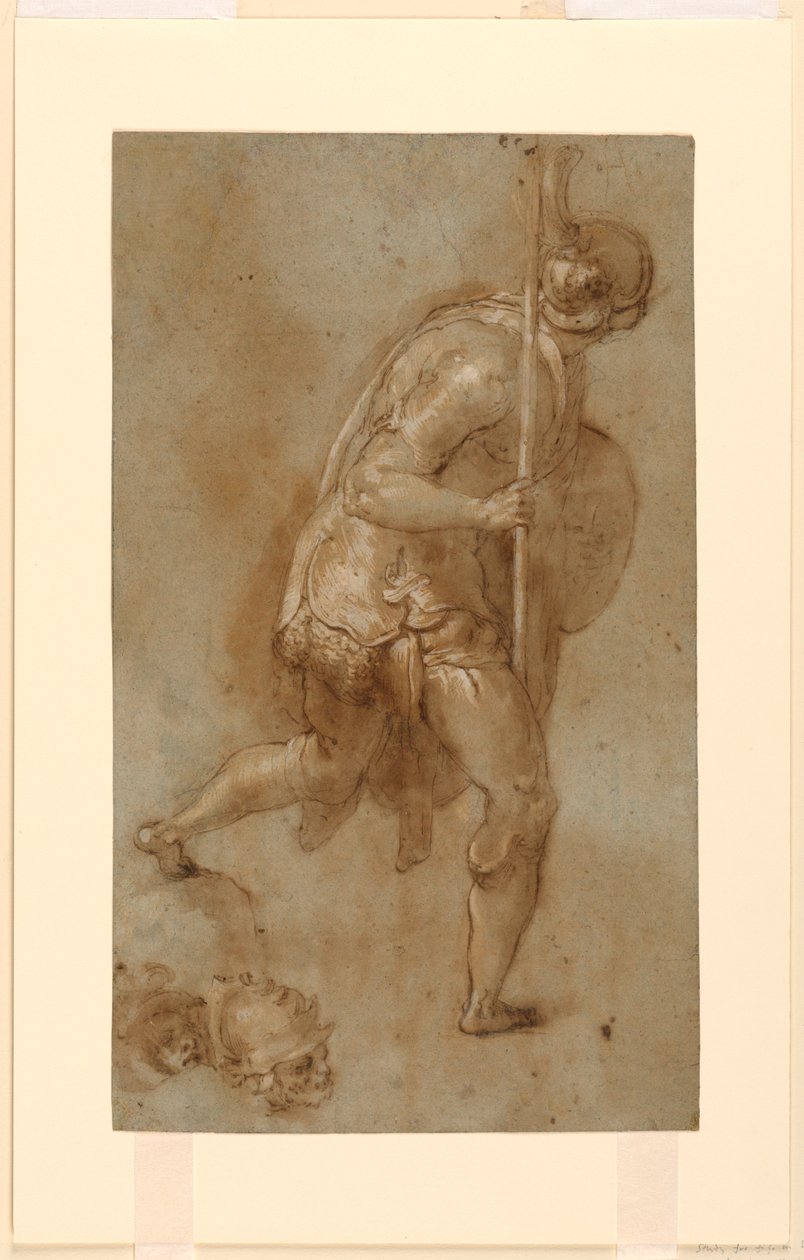 Soldaat rennend: Studie voor figuur in linker voorgrond, "Verraad van Christus," Rome, S. Maria della Consolazione, Matttei-kapel; aparte studies van twee hoofden door Taddeo Zuccaro