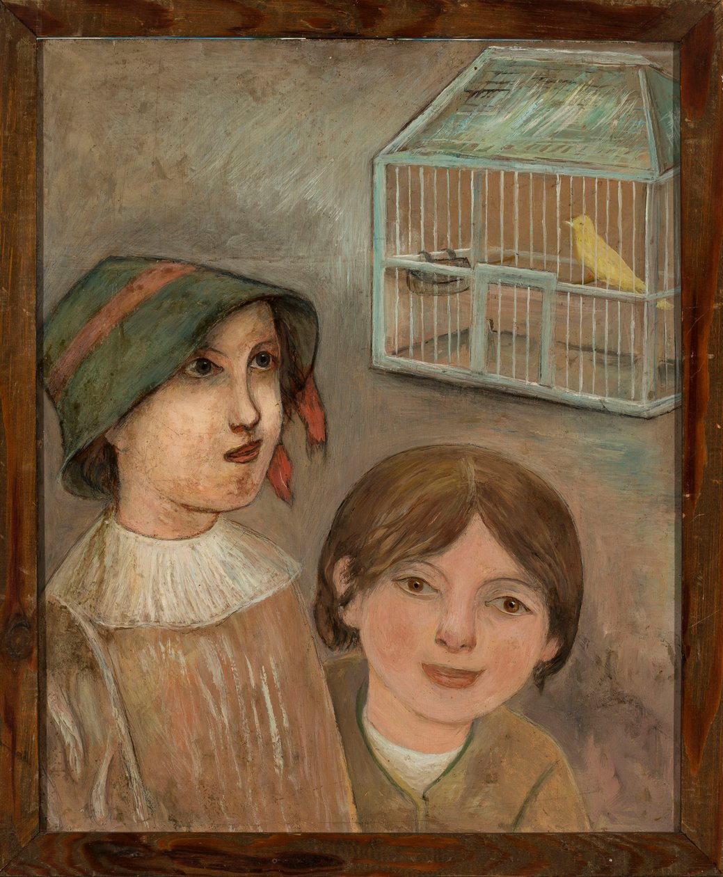Twee meisjes onder een kooi met een kanarie door Tadeusz Makowski