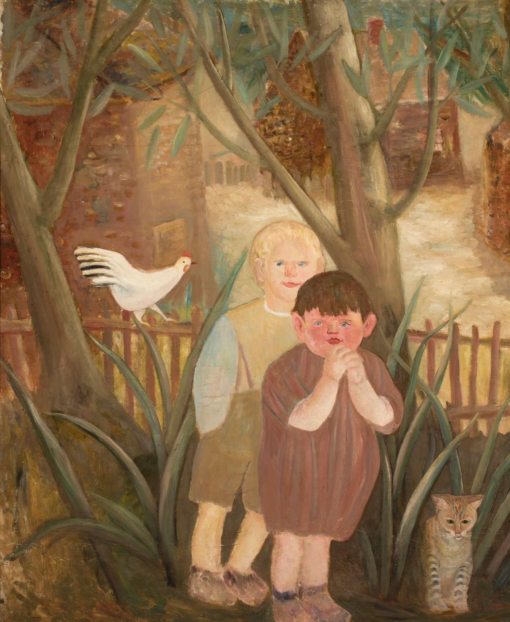 Twee kinderen met een kat door Tadeusz Makowski