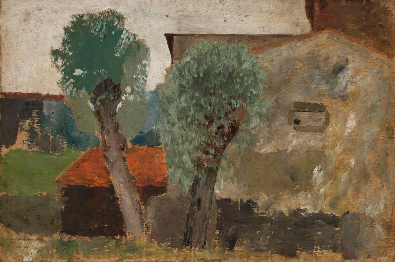 Een deel van een huis met twee bomen door Tadeusz Makowski
