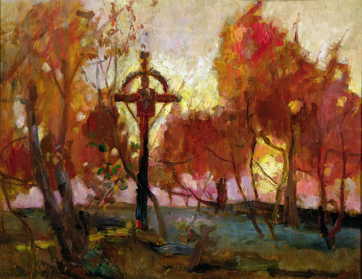 Landschap met een kruis door Tadeusz Makowski