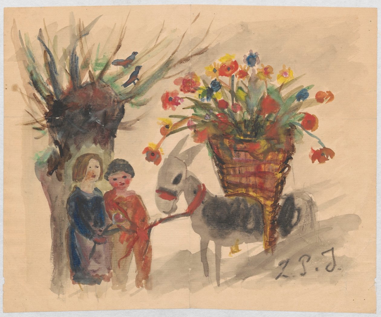 Naamdagkaart voor Maria Mickiewiczówna met een tekening van twee kinderen die een ezel met een grote mand bloemen op zijn rug leiden door Tadeusz Makowski