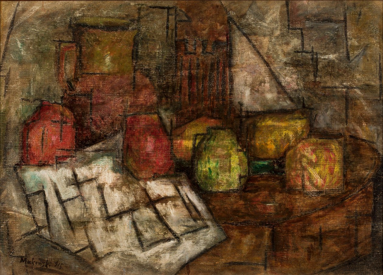 Stilleven met een kruik en fruit door Tadeusz Makowski
