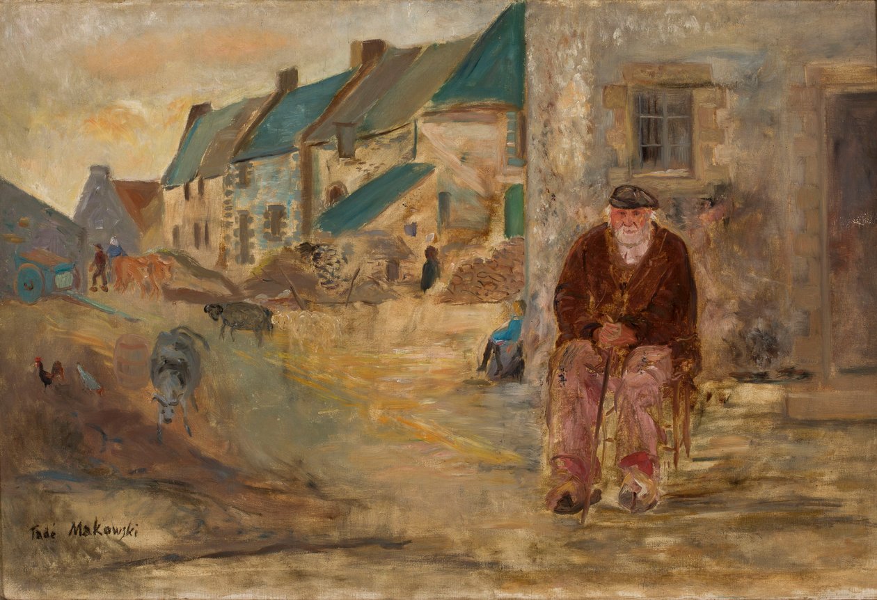 Een Bretons landschap met een oude visser door Tadeusz Makowski