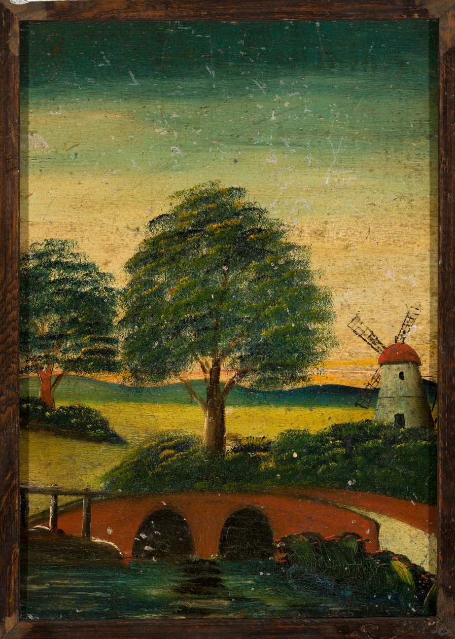 Landschap met een windmolen en een brug door Tadeusz Makowski
