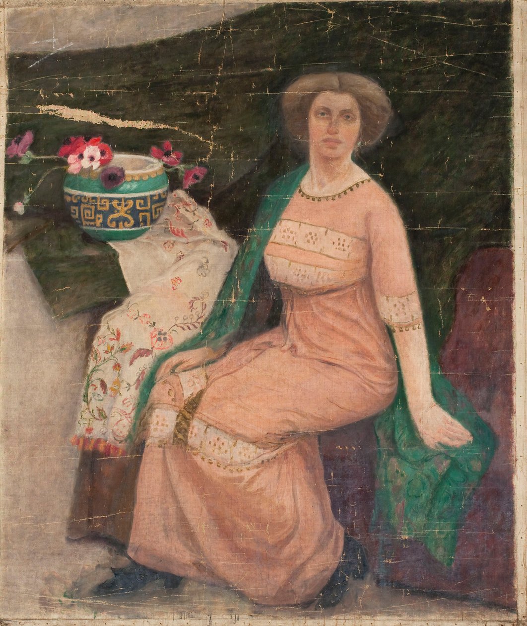 Portret van een dame in een roze jurk (Wanda Popławska) door Tadeusz Makowski