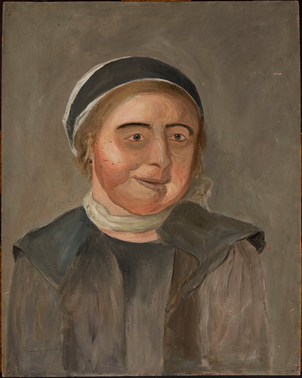 Studie van een vrouw met een zwart-witte muts door Tadeusz Makowski