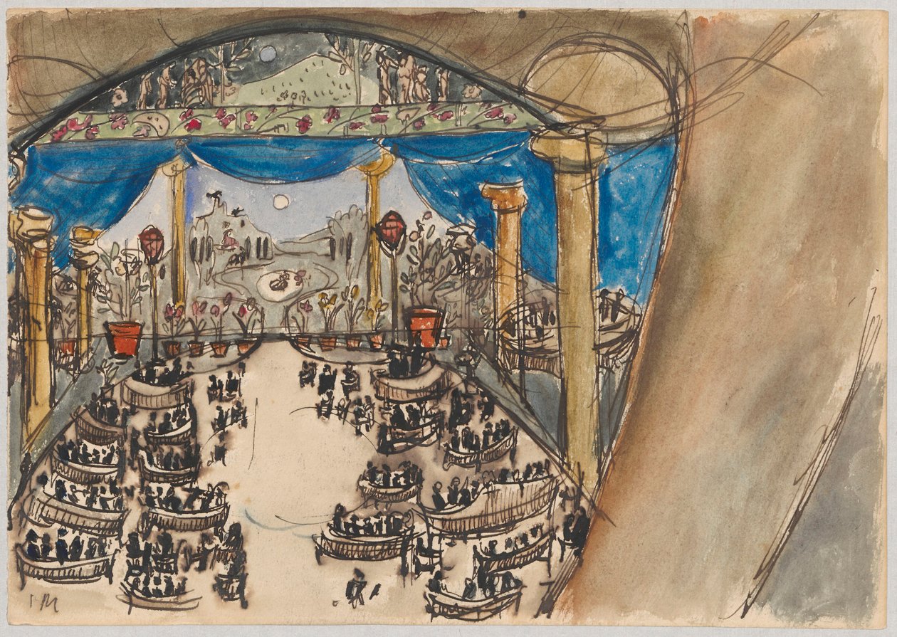 Scenografische studie - zaal en podium met decoratie door Tadeusz Makowski