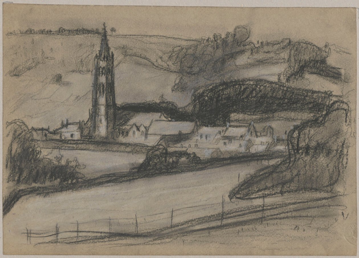 Uitzicht op het stadje met de kerktoren door Tadeusz Makowski