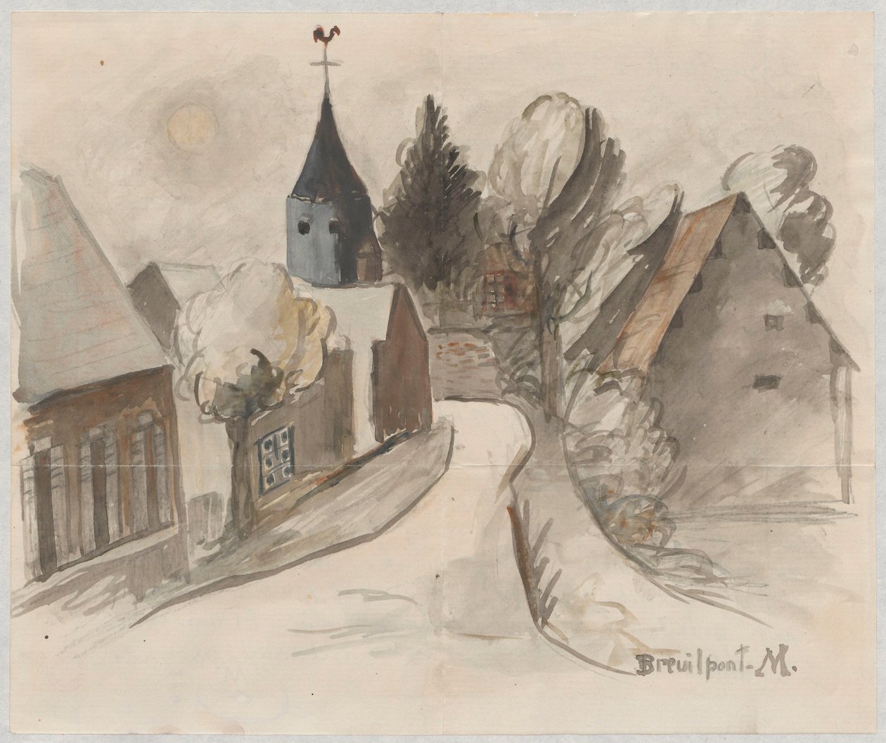 Uitzicht op het dorp met de toren door Tadeusz Makowski