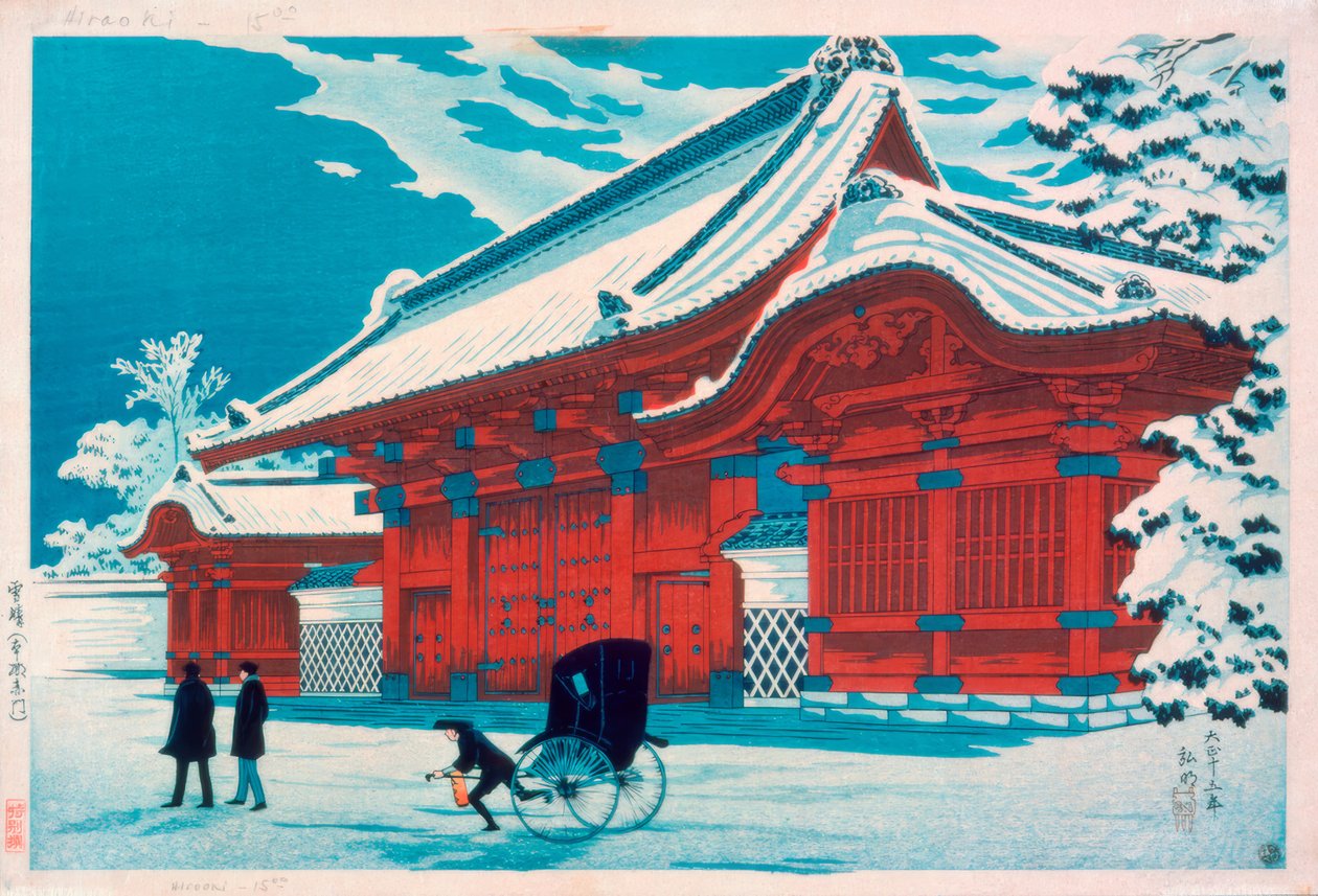De rode poort van Hongo in de sneeuw door Takahashi Hiroaki