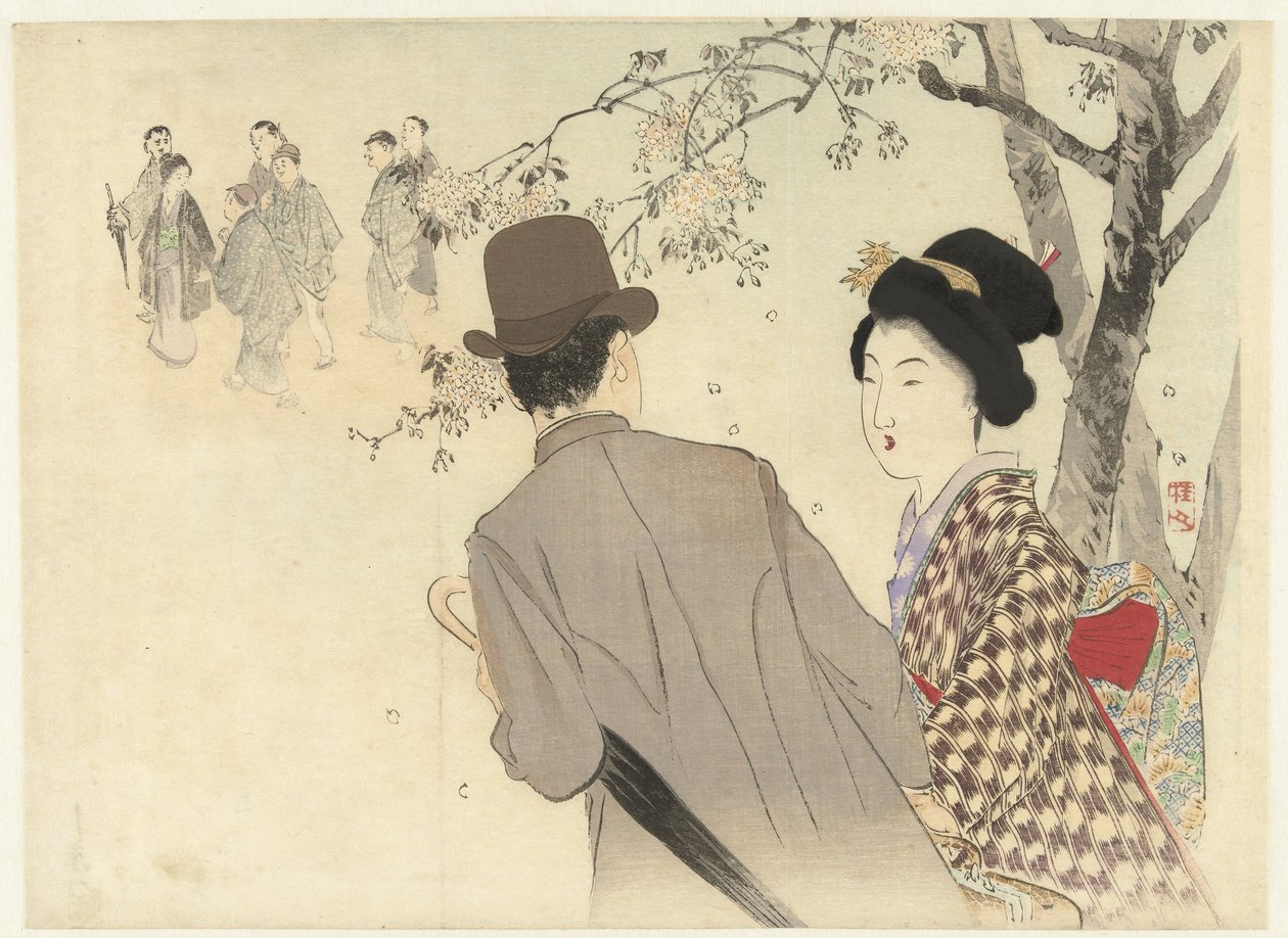Man met bolhoed en paraplu en dame in kimono door Takeuchi Keishū