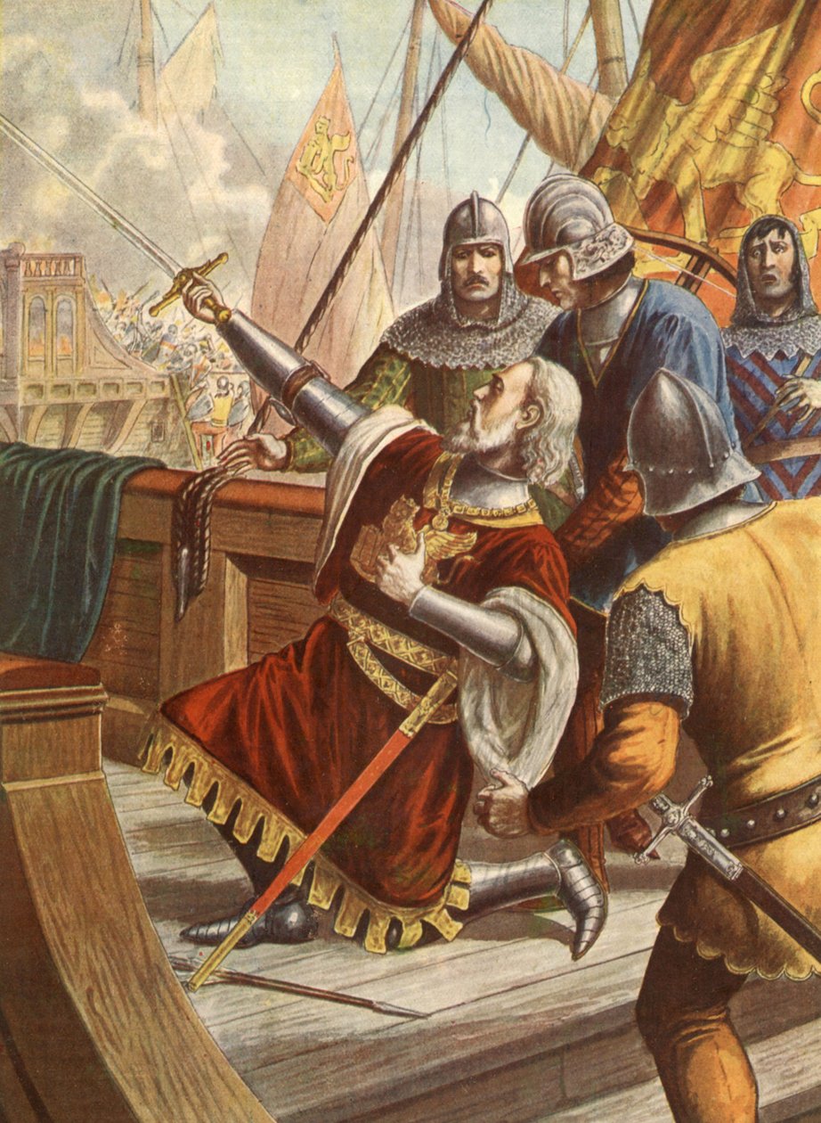 Italiaanse admiraal Luciano Doria gedood in 1379 tijdens oorlog tussen Genua en Venetië, illustratie, jaren 