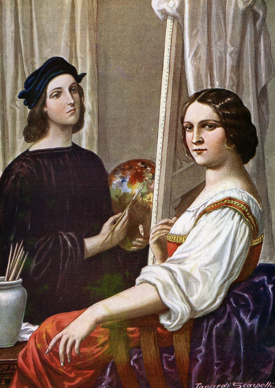 Portret van de schilder Raphael (Raffaello Sanzio 1483 - 1520) schilderend de Fornarina door Tancredi Scarpelli