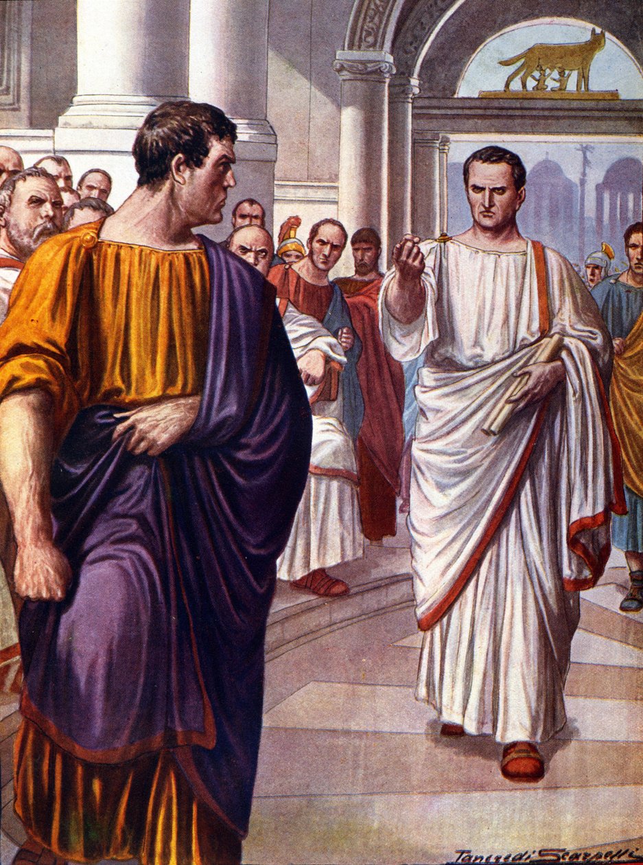 De Romeinse staatsman Cicero (Marcus Tullius Cicero) (106-43 v.Chr.) ontmoet de samenzweerder Catilina (Lucius Sergius Catilina) (108-62 v.Chr.), die hij in 63 v.Chr. aanklaagt tijdens de Catilinarische redevoeringen. Illustratie door Tancredi Scarpelli (1 door Tancredi Scarpelli