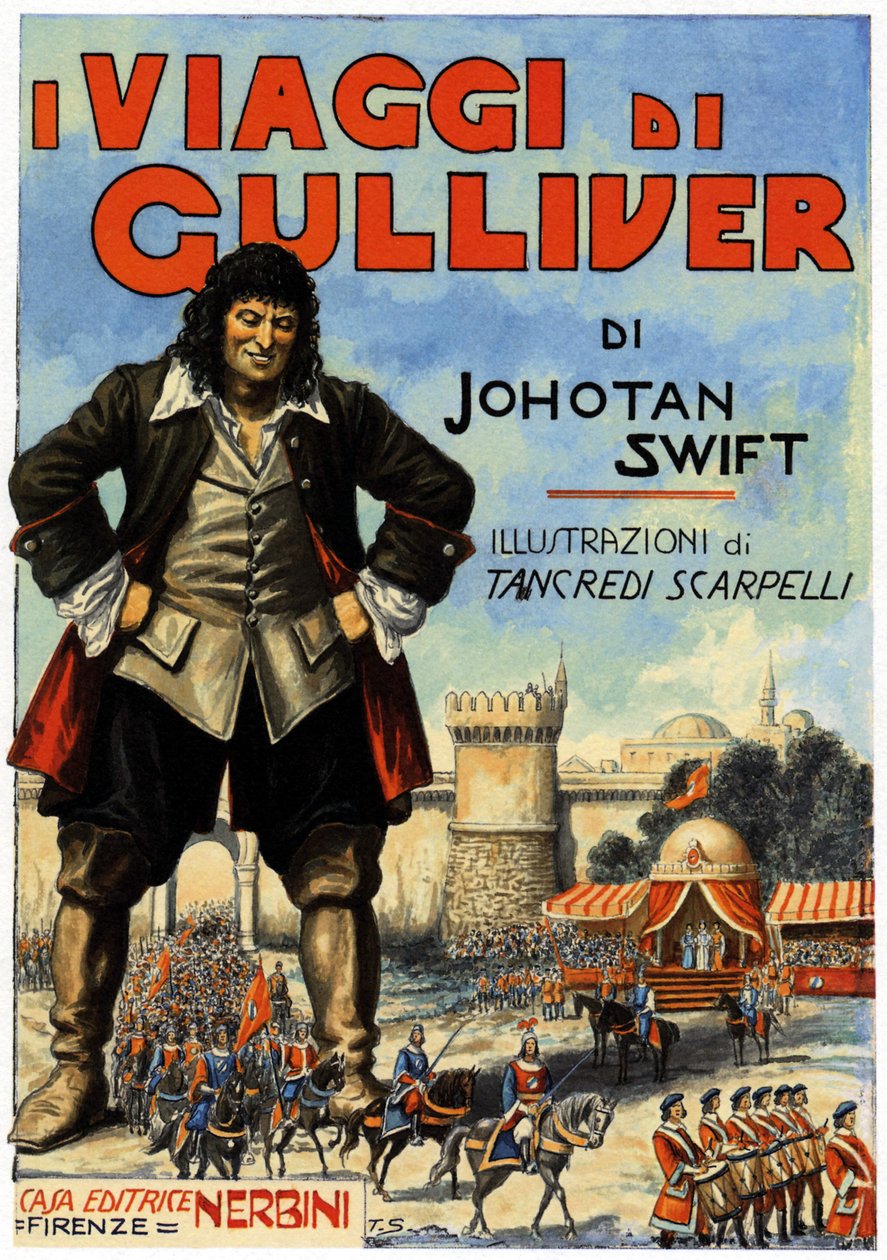 De reis van Gulliver - omslag voor een van de uitgaven van Jonathan Swift (1667 - 1745). Editions Nerbini, Florence.Italië (druk) door Tancredi Scarpelli