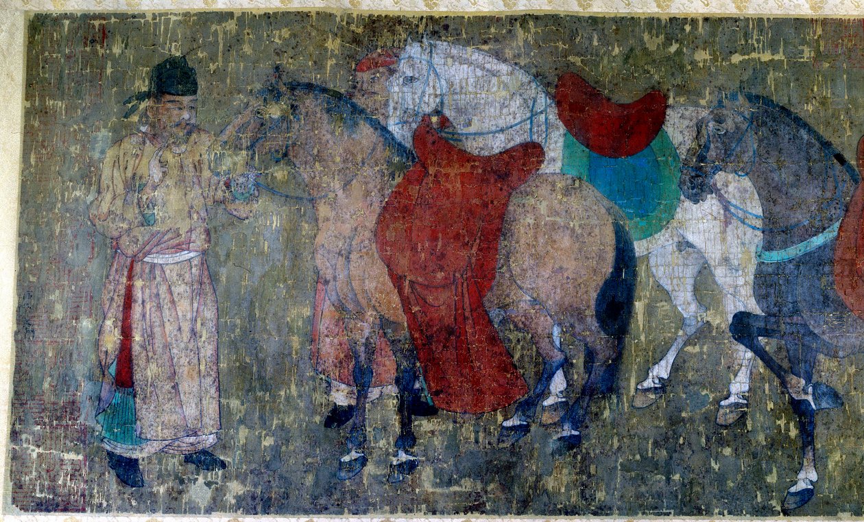 Chinees Kunst: twee palefreniers die vier paarden leiden in een keizerlijke stal (detail) door Tang Dynasty Chinese School