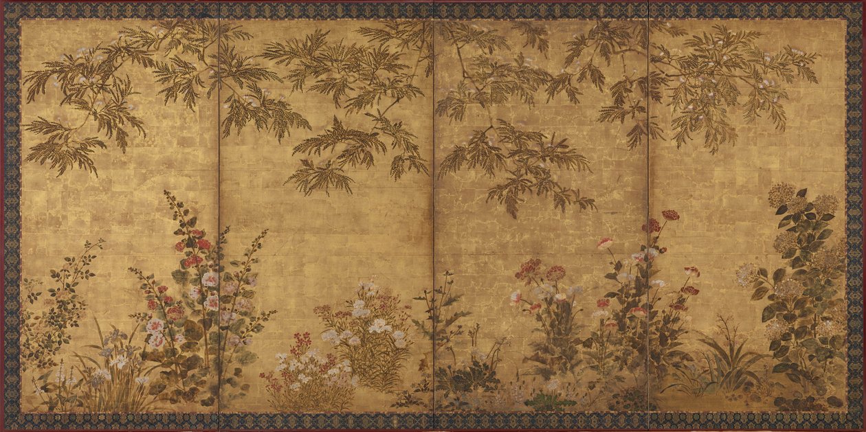 Mimosaboom, klaprozen en andere zomerbloemen, Edo-periode door Tawaraya Sosetsu