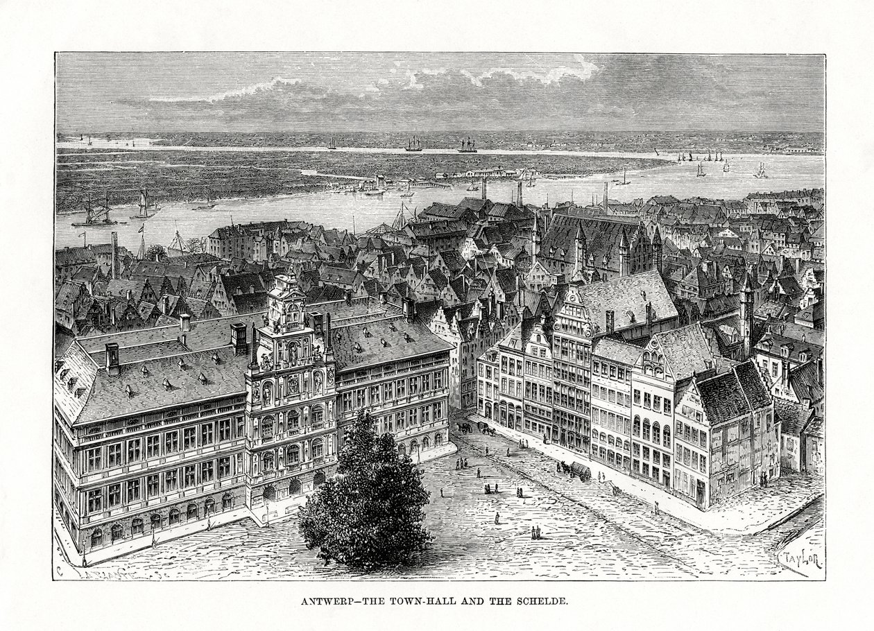 Stadhuis en rivier de Schelde, Antwerpen, België, 1879 door Taylor