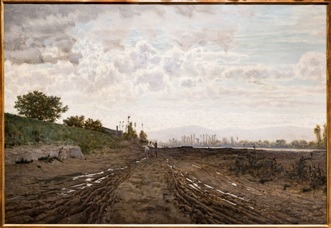 Een ochtend langs de rivier de Arno. Zandgravers langs de Arno, ca. 1868 door Telemaco Signorini