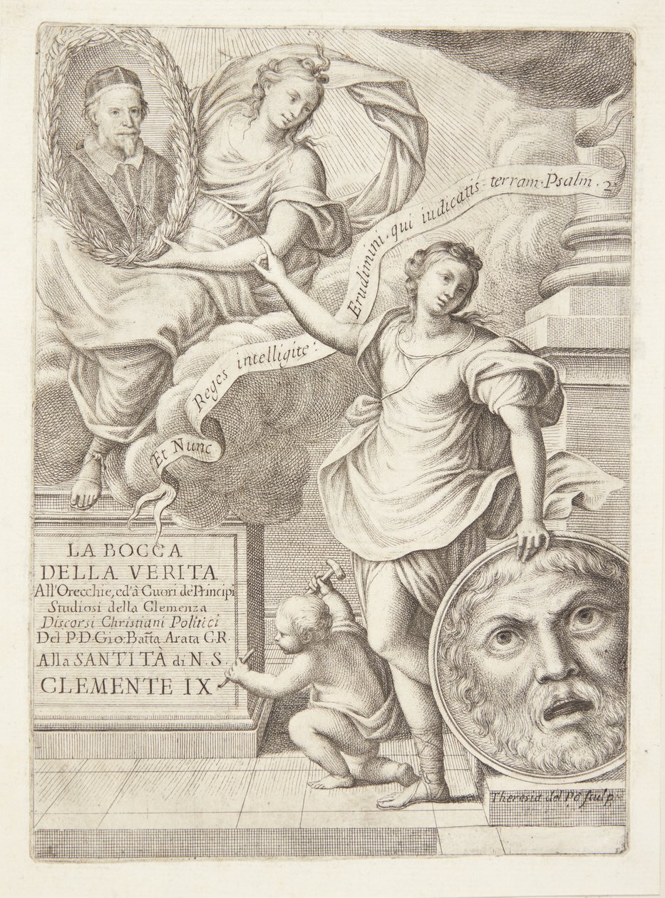La Bocca della Verita. Titelvignet met portret van paus Clemens IX door Teresa del Pò