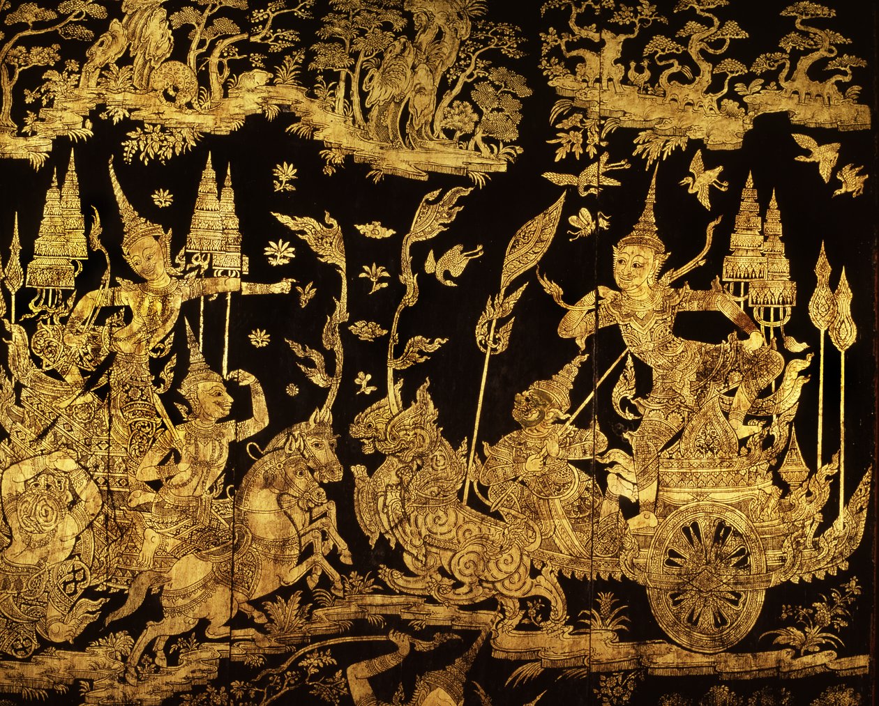 Detail van een scherm met een scène uit de Ramakien door Thai School
