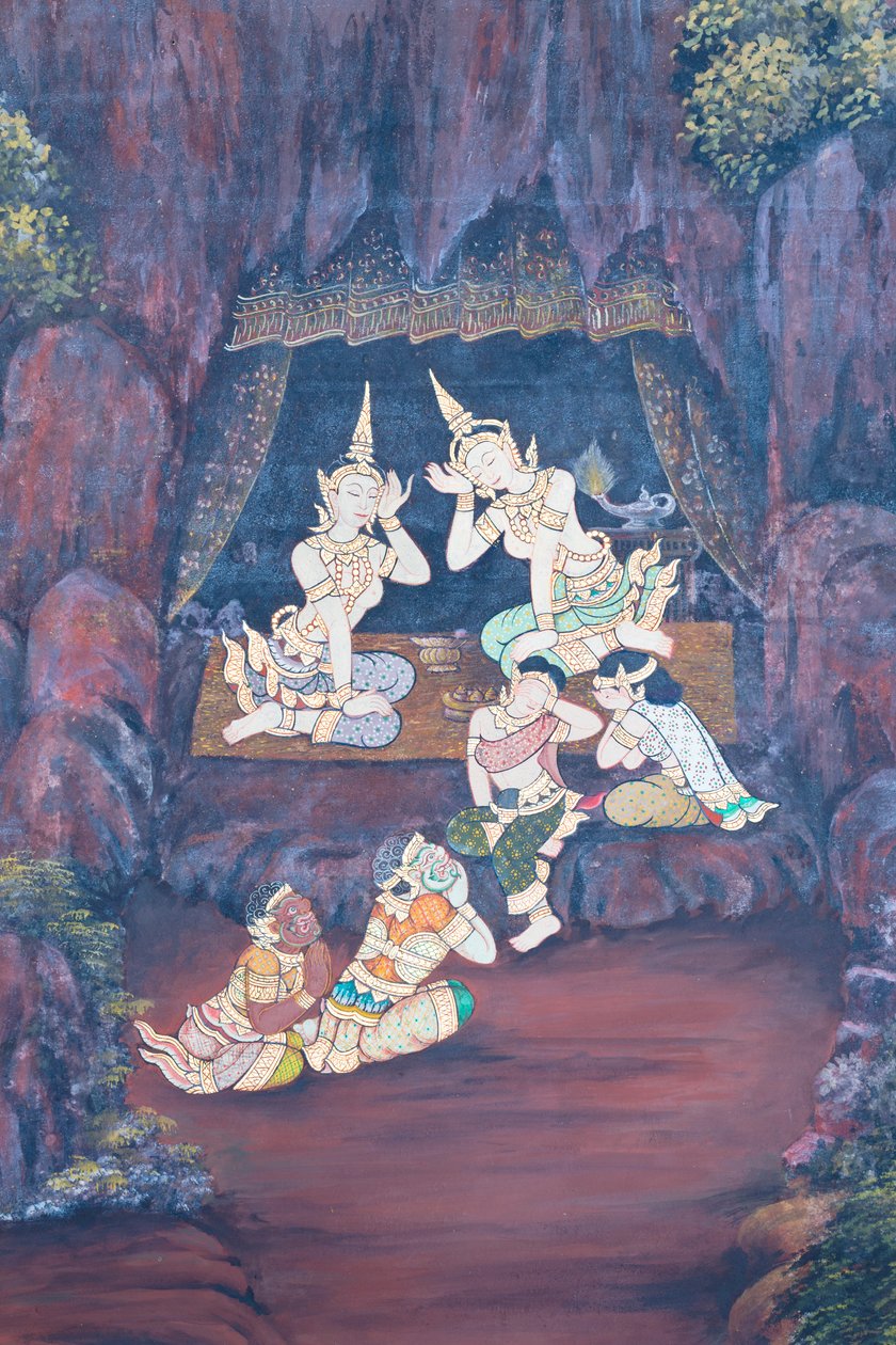 Muurschildering met scènes uit de Ramayana in Wat Phra Kaeo, het Koninklijk Paleis, Bangkok, Thailand door Thai School