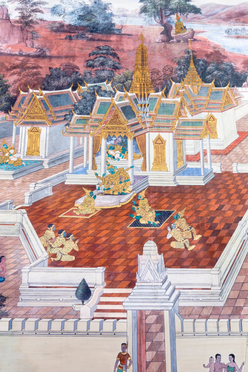 Muurschildering met scènes uit de Ramayana in Wat Phra Kaeo, het Koninklijk Paleis, Bangkok, Thailand door Thai School