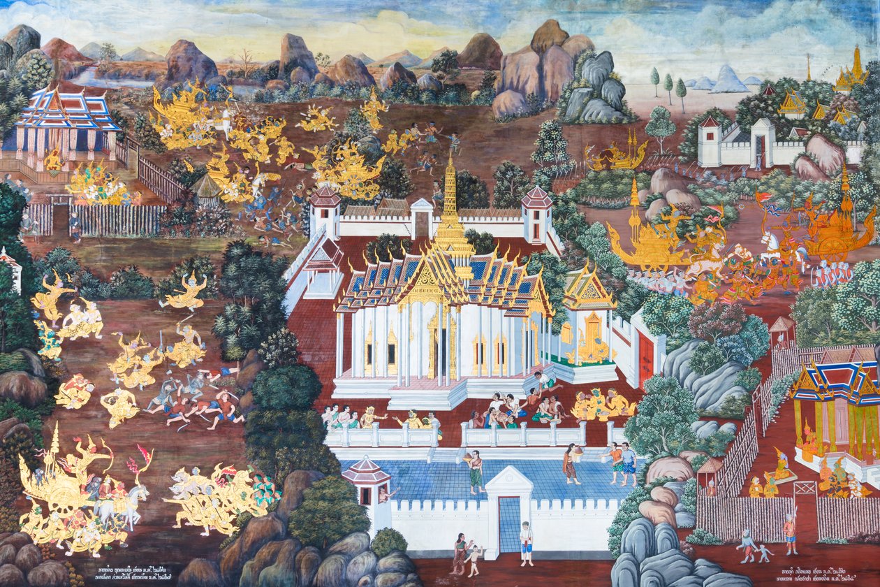 Muurschildering met scènes uit de Ramayana in Wat Phra Kaeo, het Koninklijk Paleis, Bangkok, Thailand door Thai School
